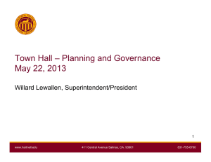 Town Hall – Planning and Governance May 22, 2013 Willard Lewallen, Superintendent/President 1