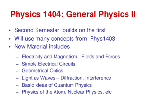 Physics 1404: General Physics II • Second Semester  builds on the first • Will use many concepts from  Phys1403 • New Material includes