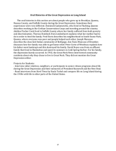 Oral Histories of the Great Depression on Long Island    The oral histories in this section are about people who grew up in Brooklyn, Queens,  Nassau County, and Suffolk County during the Great Depression. Sometimes their 