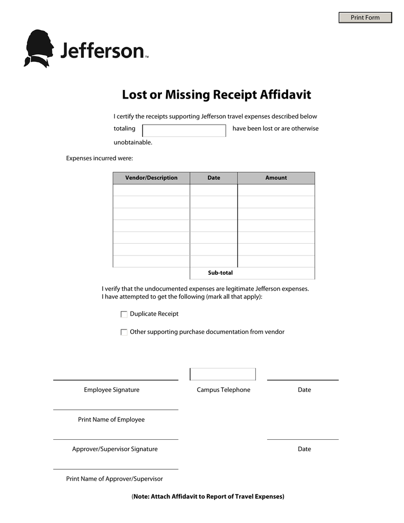 lost or missing receipt affidavit