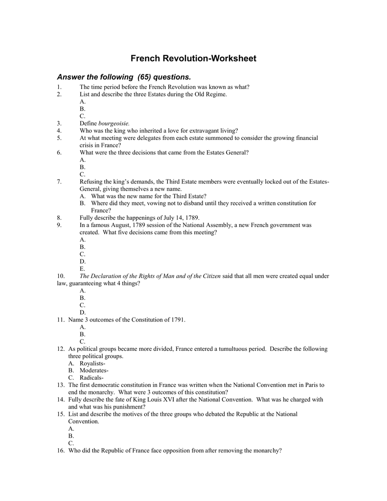 French Revolution Worksheet Answer The Following 65 Questions 