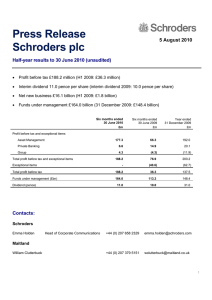 Press Release Schroders plc Half-year results to 30 June 2010 (unaudited)