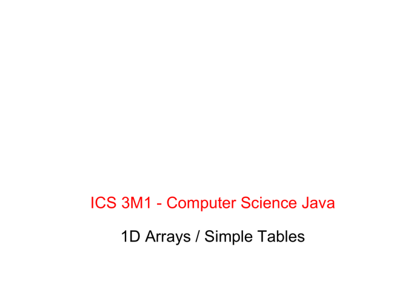 ICS 3M1 Computer Science Java 1D Arrays Simple Tables