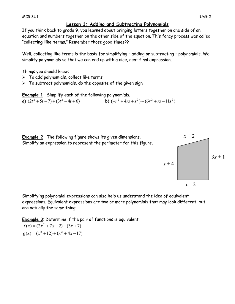 Lesson 25: Adding and Subtracting Polynomials Within Adding And Subtracting Polynomials Worksheet
