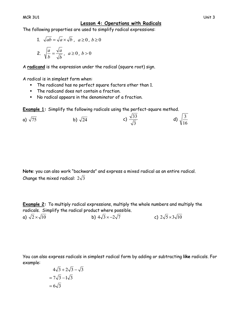 Lesson 22: Operations with Radicals  22  In Simplifying Radicals Worksheet Algebra 2