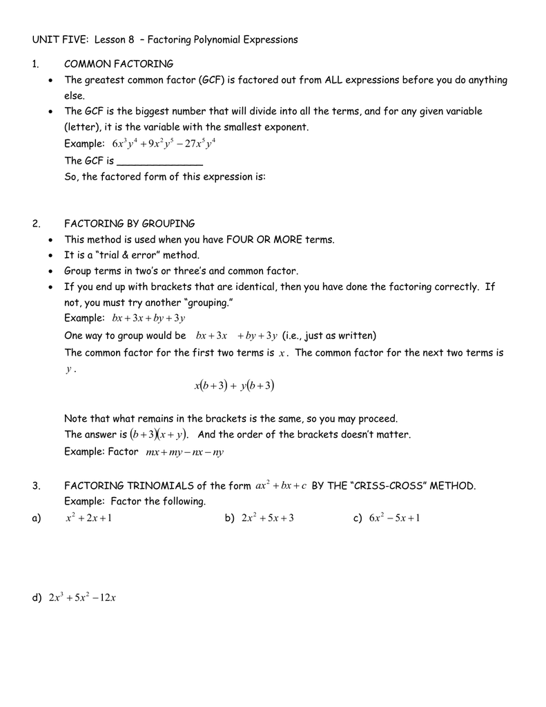 Unit Five Lesson 8 Factoring Polynomial Expressions 1