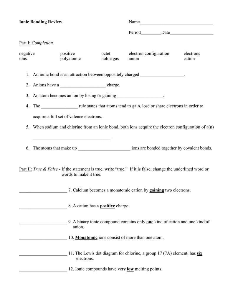 Ionic Bonding Review Name________________________________ Intended For Ionic Bonding Worksheet Answer Key