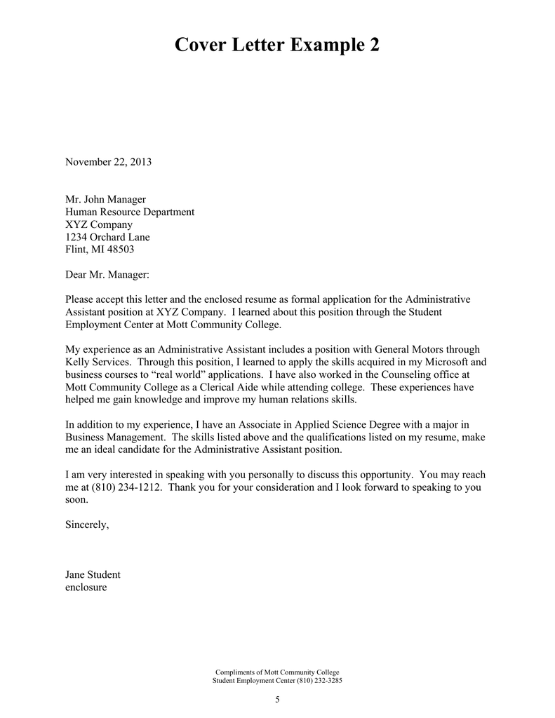 College Cover Letter Sample