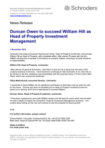 Duncan Owen to succeed William Hill as Head of Property Investment Management