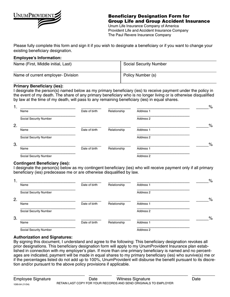 Beneficiary Designation Form for Group Life and Group Accident Insurance