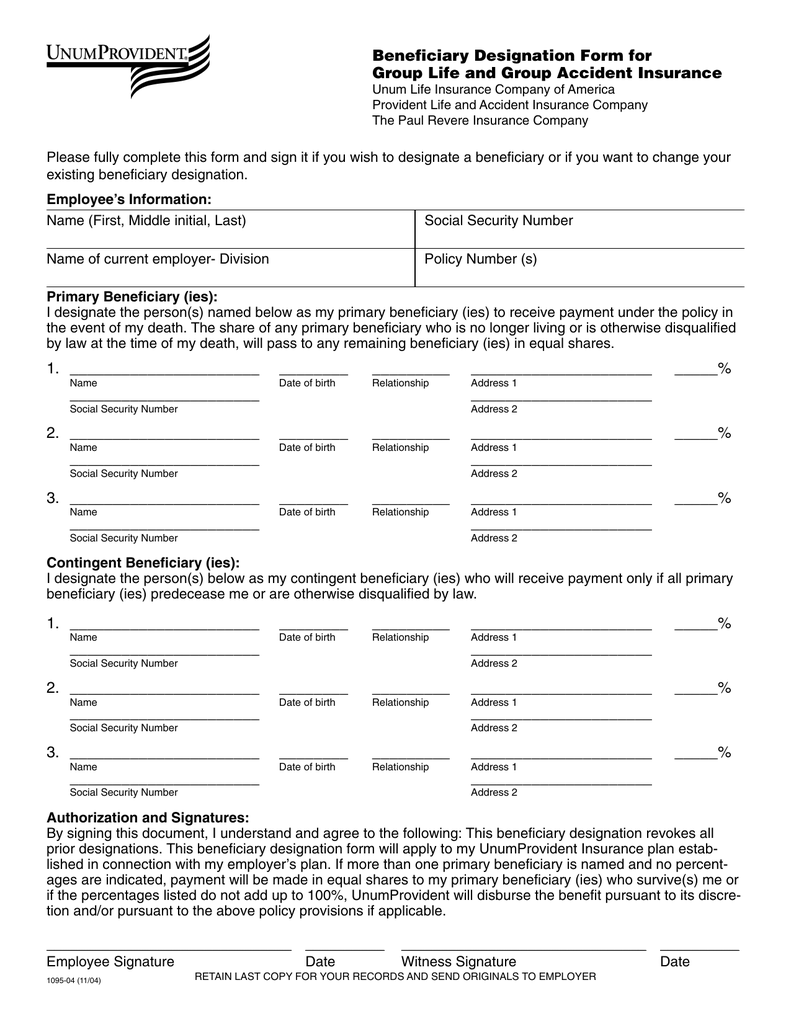 Unum Beneficiary Designation Form