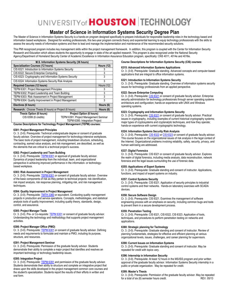 Master Of Science In Information Systems Security Degree Plan - 