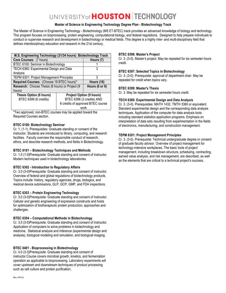 Master Of Science In Engineering Technology Degree Plan