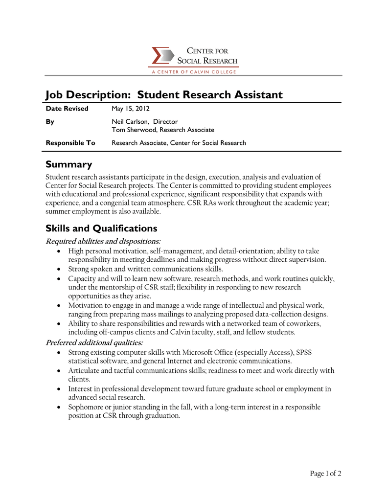 research assistant jobs description