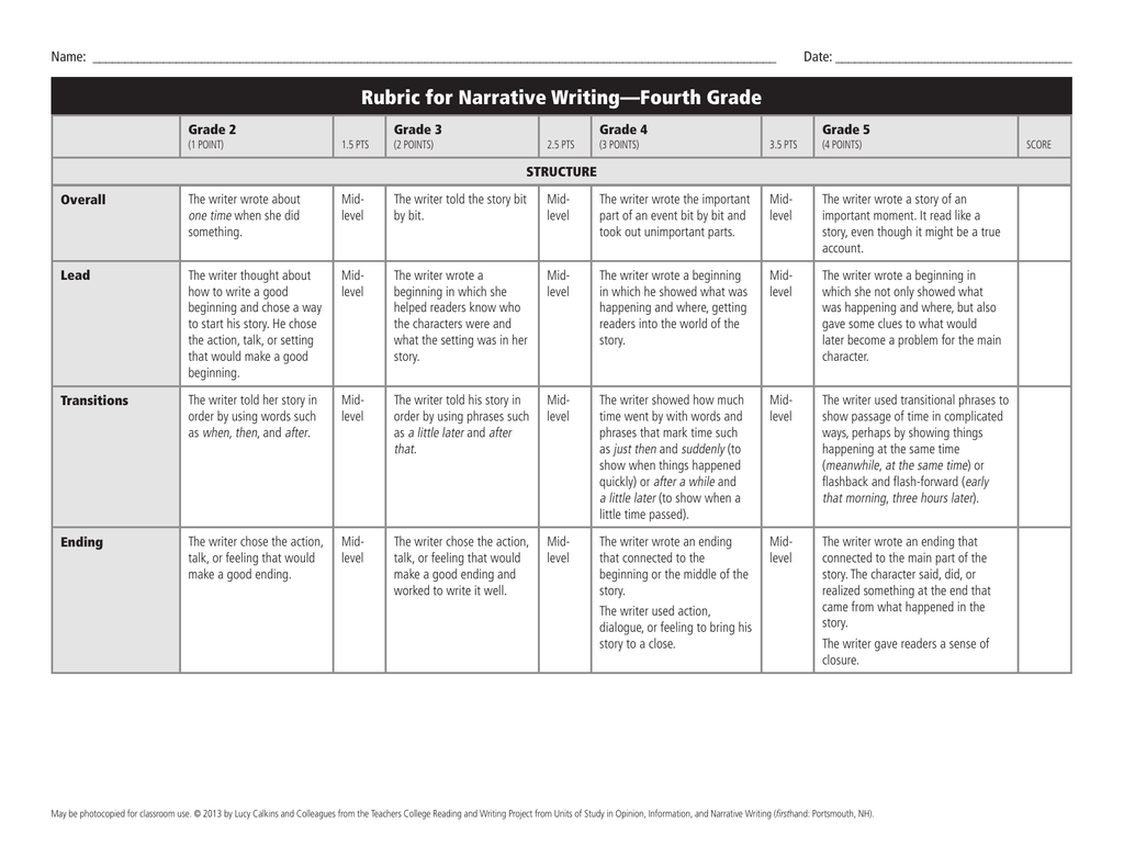 Rubric For Narrative Writing Grade 4