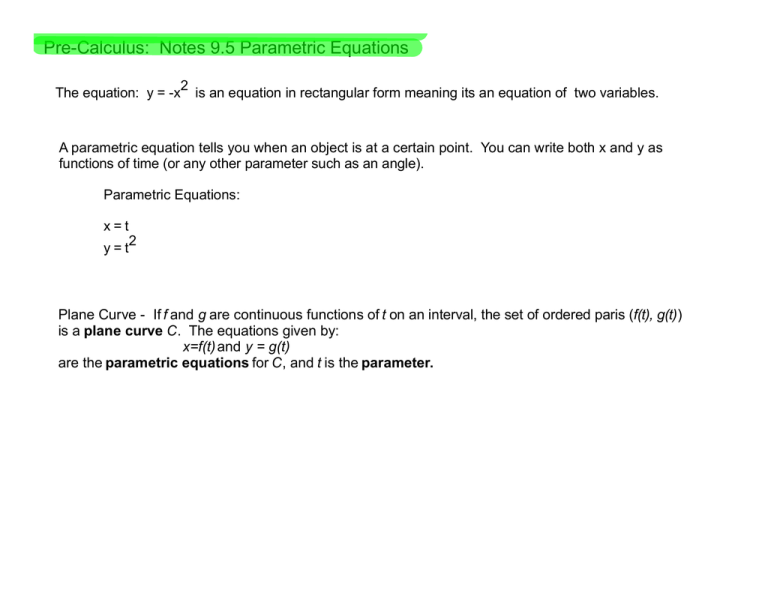 Pre Calculus Notes 9 5 Parametric Equations