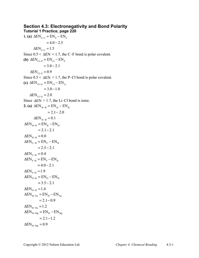 Section 20.20: Electronegativity and Bond Polarity Within Worksheet Polarity Of Bonds Answers