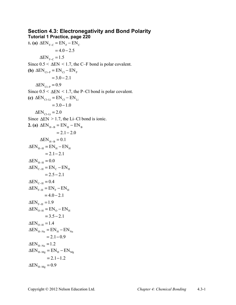 Section 20.20: Electronegativity and Bond Polarity Pertaining To Worksheet Polarity Of Bonds Answers