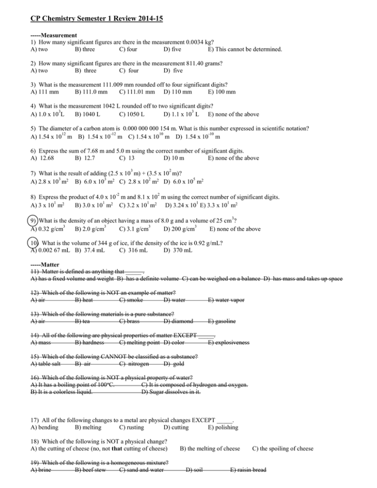 Chemistry Semester 1 Review