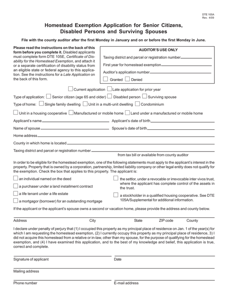 Homestead Exemption Application For Senior Citizens Disabled Persons And Surviving Spouses 7735