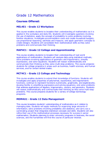 Grade 12 Mathematics Courses Offered:  MEL4E1 - Grade 12 Workplace