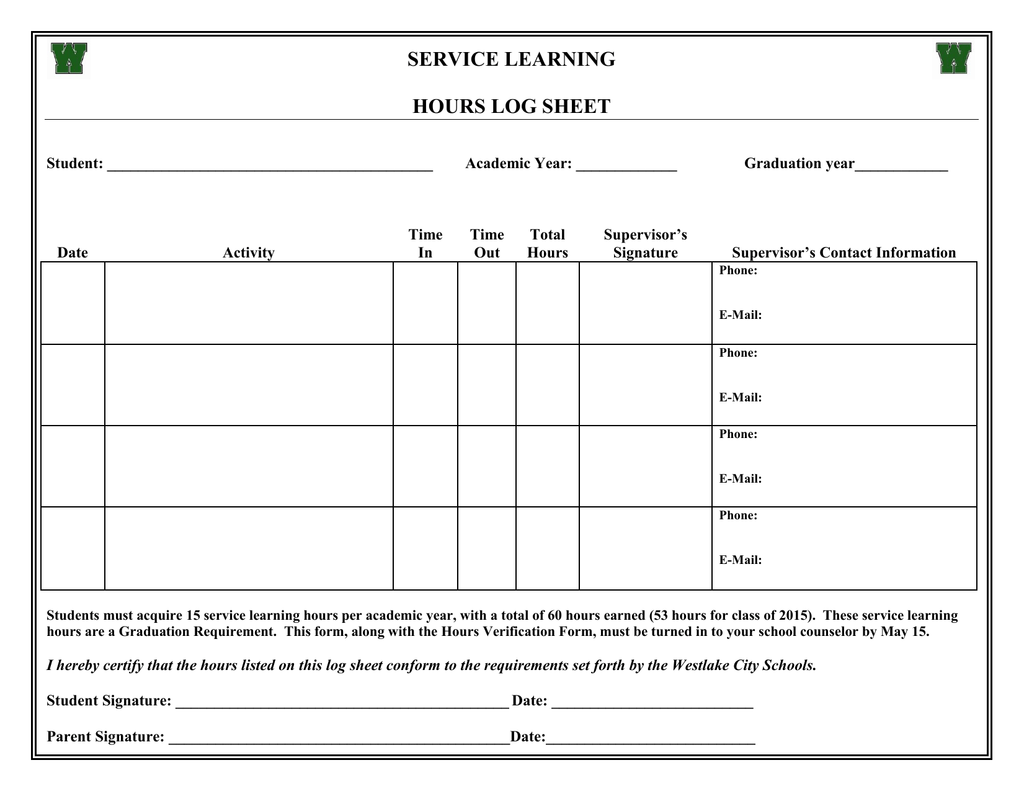 SERVICE LEARNING HOURS LOG SHEET