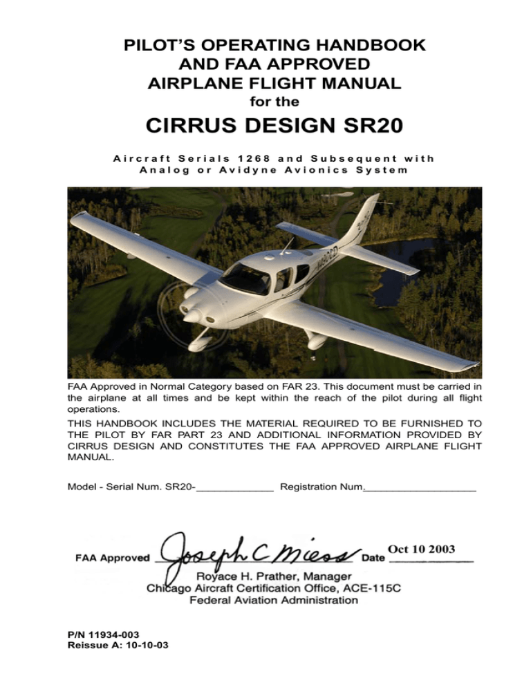 CIRRUS DESIGN SR20 PILOT’S OPERATING HANDBOOK AND FAA APPROVED AIRPLANE ...