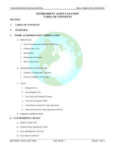 NONRESIDENT ALIEN TAXATION TABLE OF CONTENTS TAXATION/RECONCILIATIONS