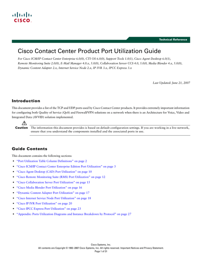 Cisco Contact Center Product Port Utilization Guide