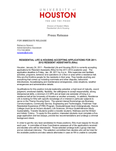 Press Release FOR IMMEDIATE RELEASE 2012 RESIDENT ASSISTANTS (RAs)
