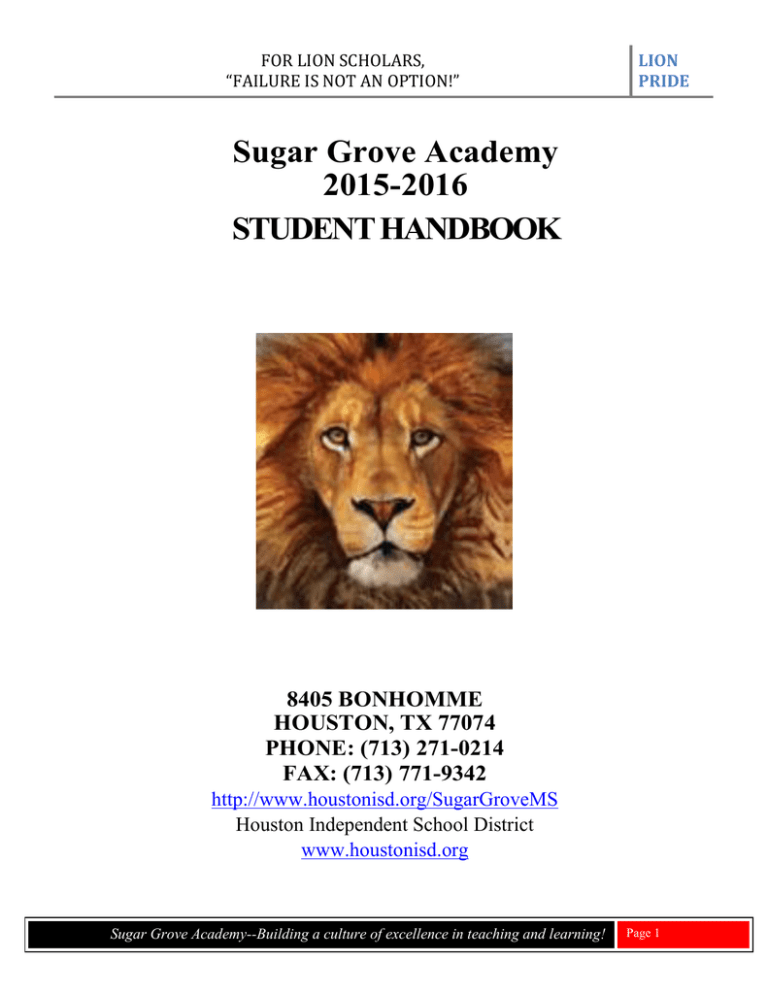 Sugar Grove Academy 20152016 STUDENT HANDBOOK