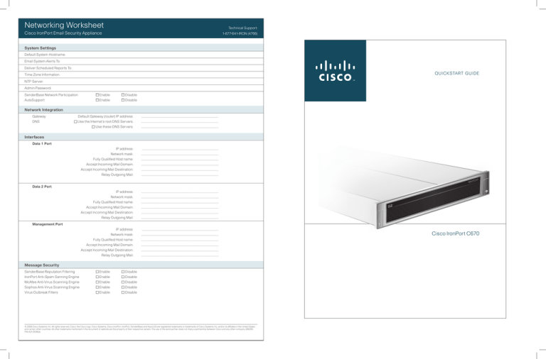 Networking Worksheet Cisco IronPort Email Security Appliance QUICKSTART 