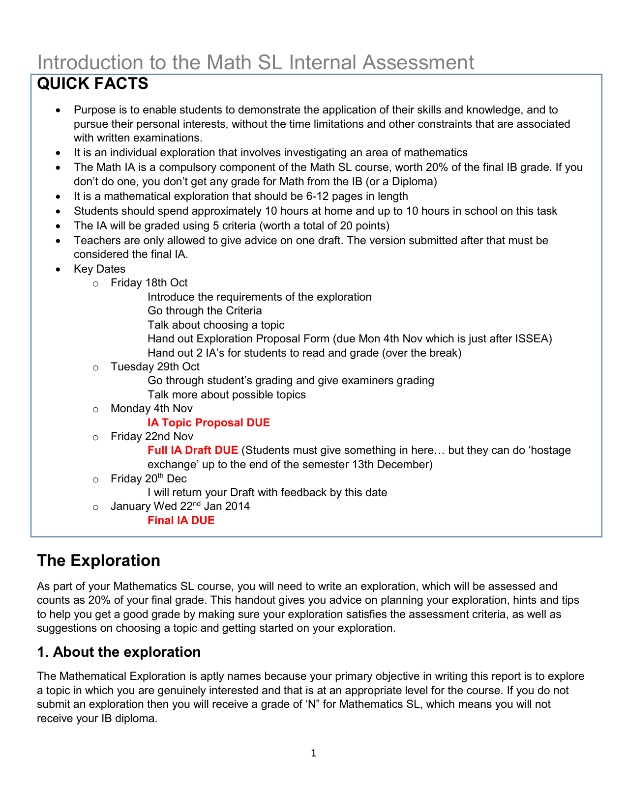 Introduction To The Math SL Internal Assessment QUICK FACTS