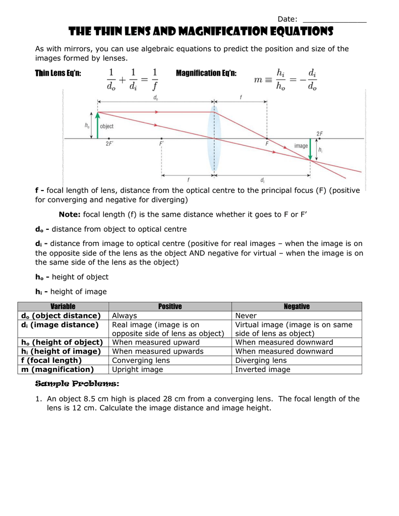 Thin Lens Equation Worksheet Answers
