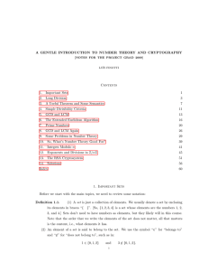 A GENTLE INTRODUCTION TO NUMBER THEORY AND CRYPTOGRAPHY Contents 1. Important Sets