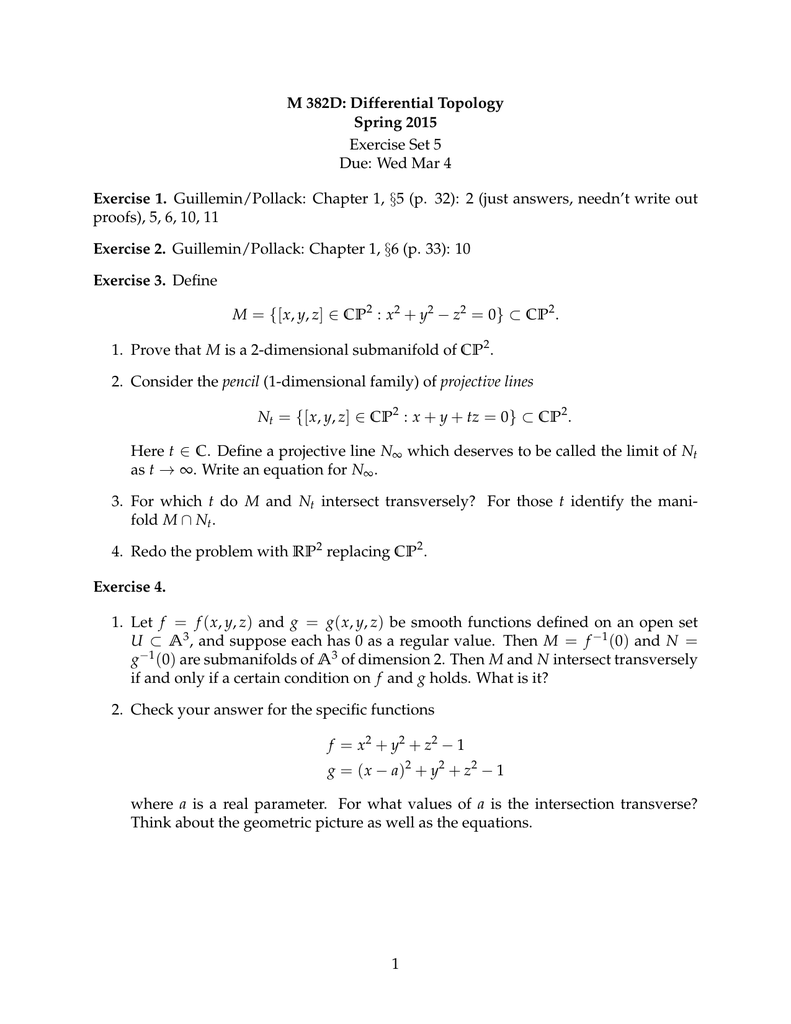 M 3d Differential Topology Spring 15 Exercise 1 Exercise Set 5