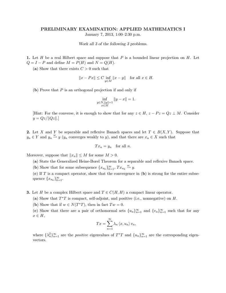 Preliminary Examination Applied Mathematics I