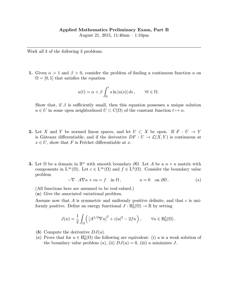 Applied Mathematics Preliminary Exam Part B Work All