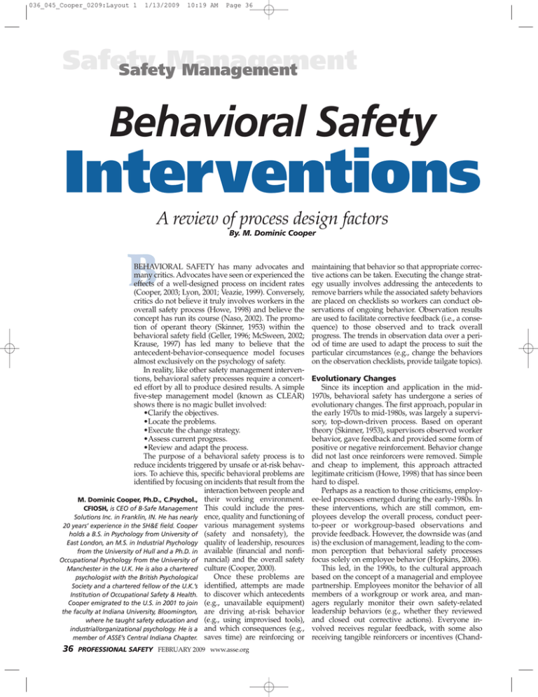 Interventions B Behavioral Safety Safety Management