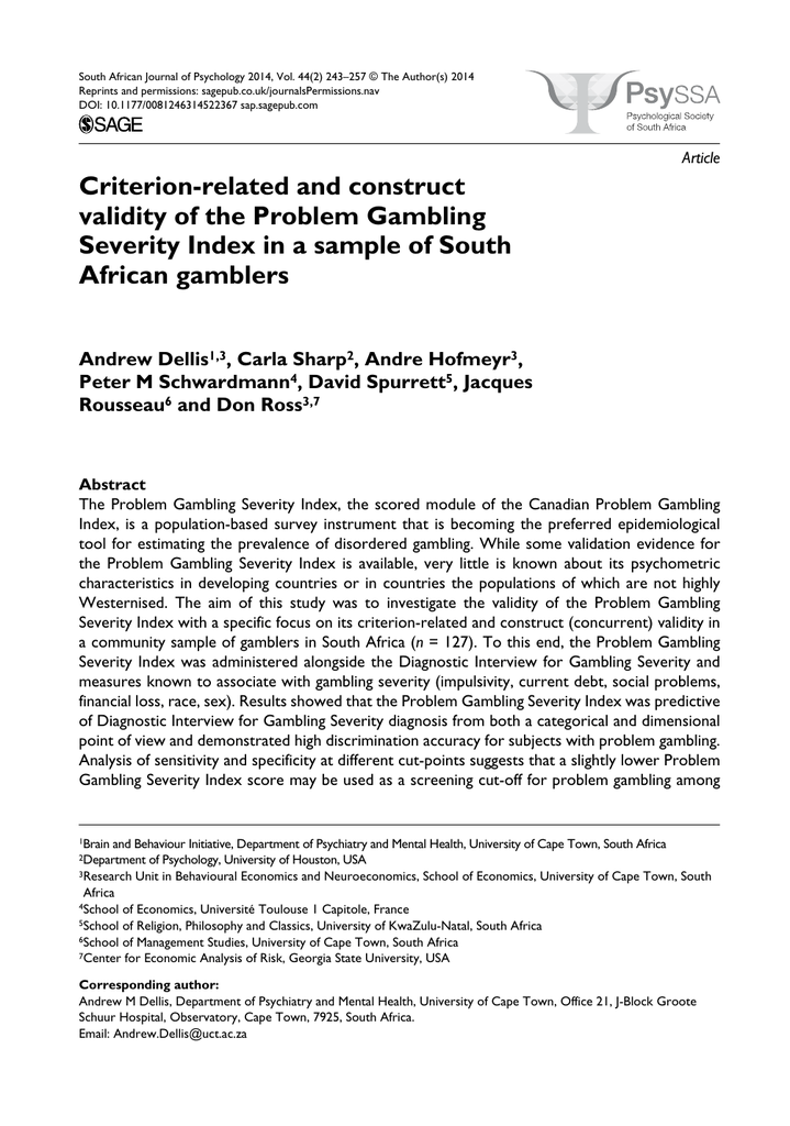 Psychology Of Gambling Journal