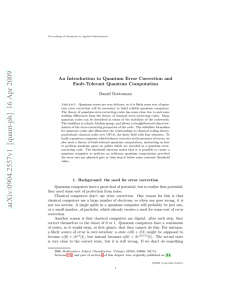 An Introduction to Quantum Error Correction and Fault-Tolerant Quantum Computation Daniel Gottesman