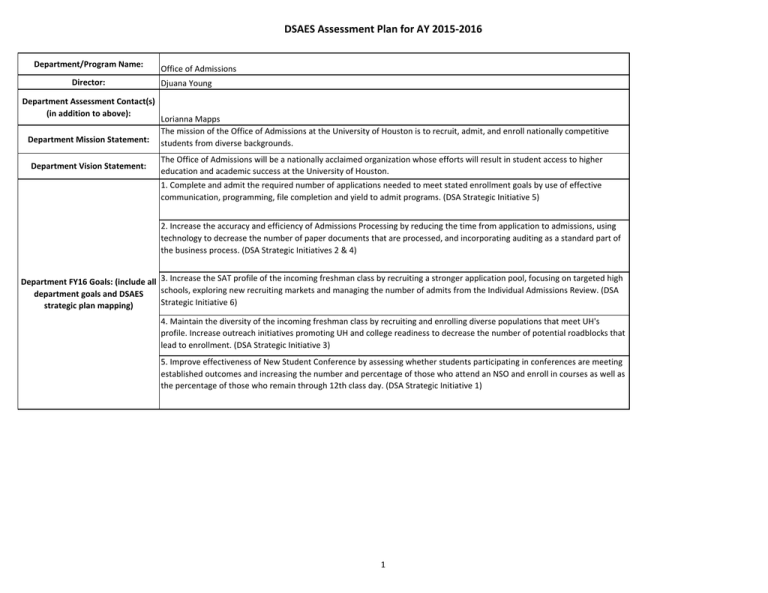 DSAES Assessment Plan for AY 2015-2016