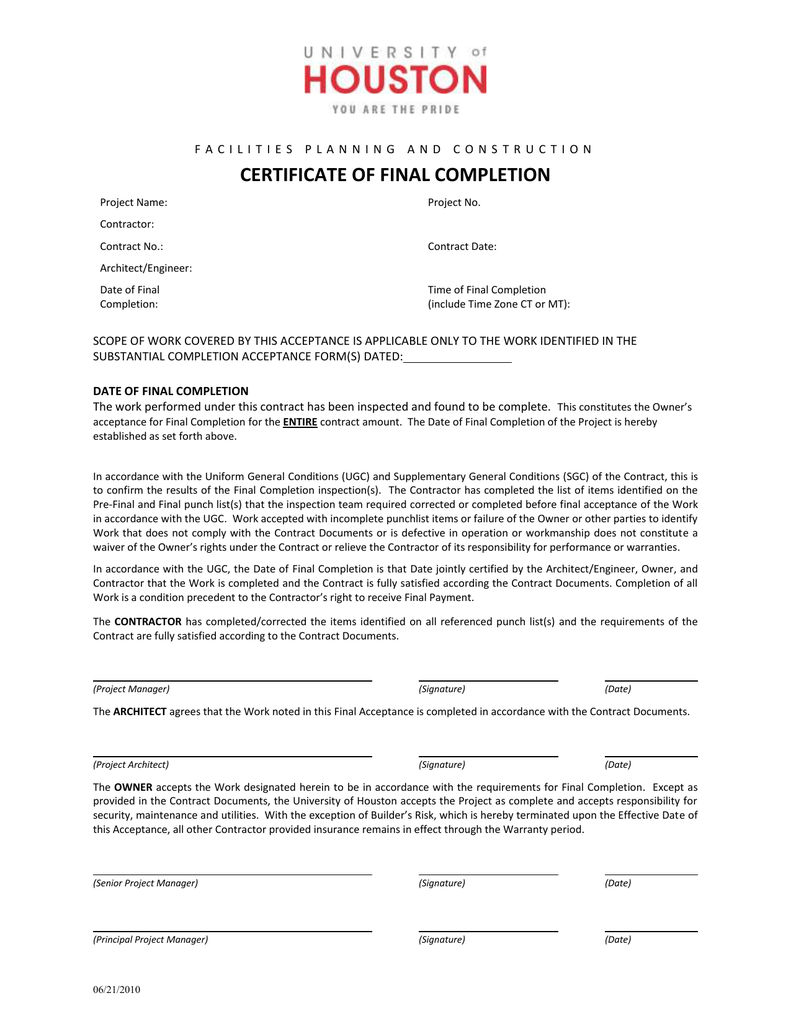 CERTIFICATE OF FINAL COMPLETION For Certificate Of Substantial Completion Template