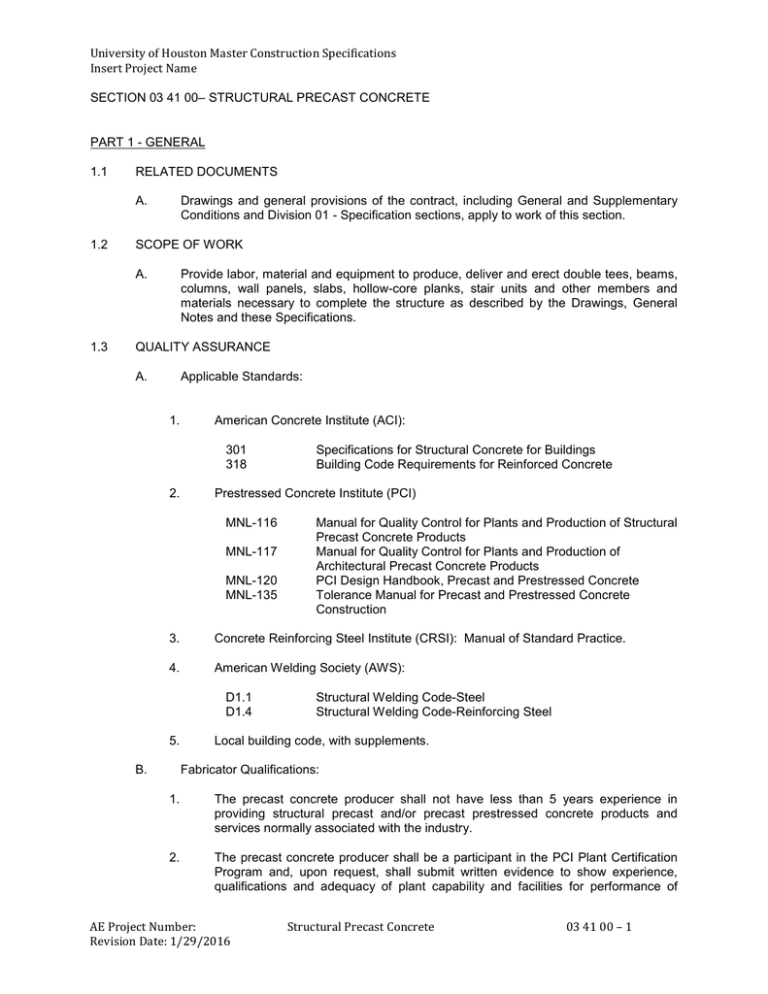 University Of Houston Master Construction Specifications Insert Project ...