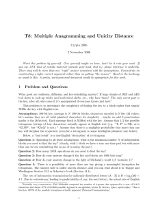 T8: Multiple Anagramming and Unicity Distance Crypto 2006 2 November 2006