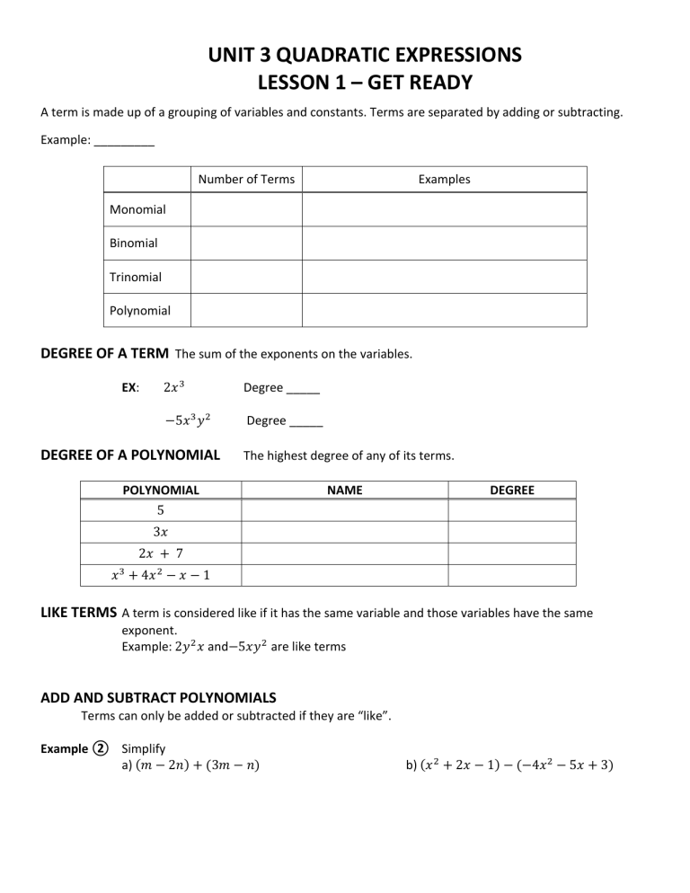 Unit 3 Quadratic Expressions Lesson 1 Get Ready 8489