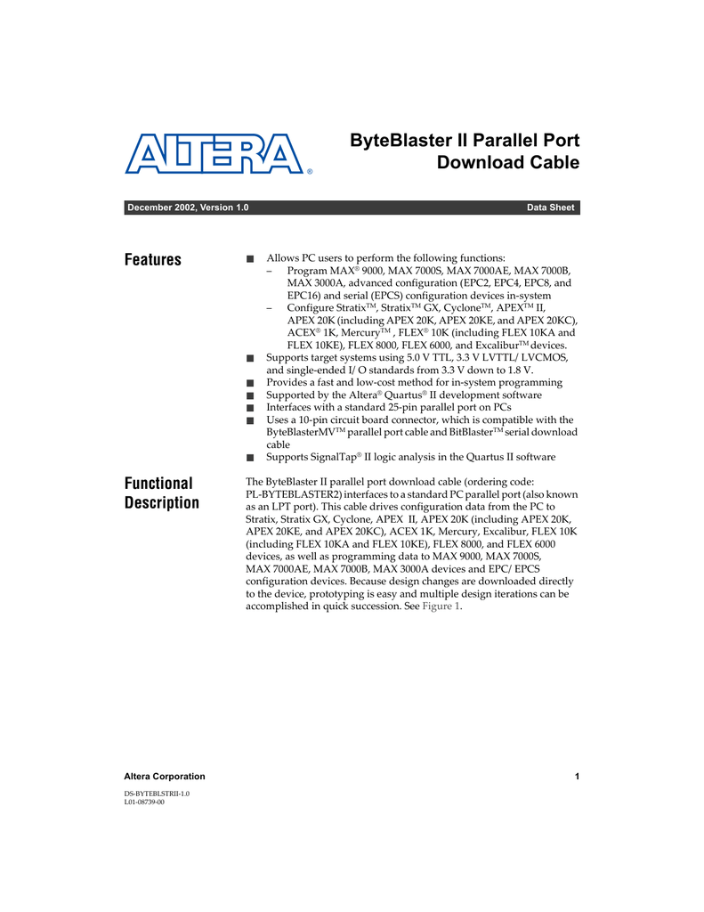 ByteBlaster II Parallel Port Download Cable Features