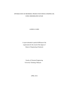 i  OPTIMIZATION OF BIODIESEL PRODUCTION FROM JATROPHA OIL USING IMMOBILIZED LIPASE