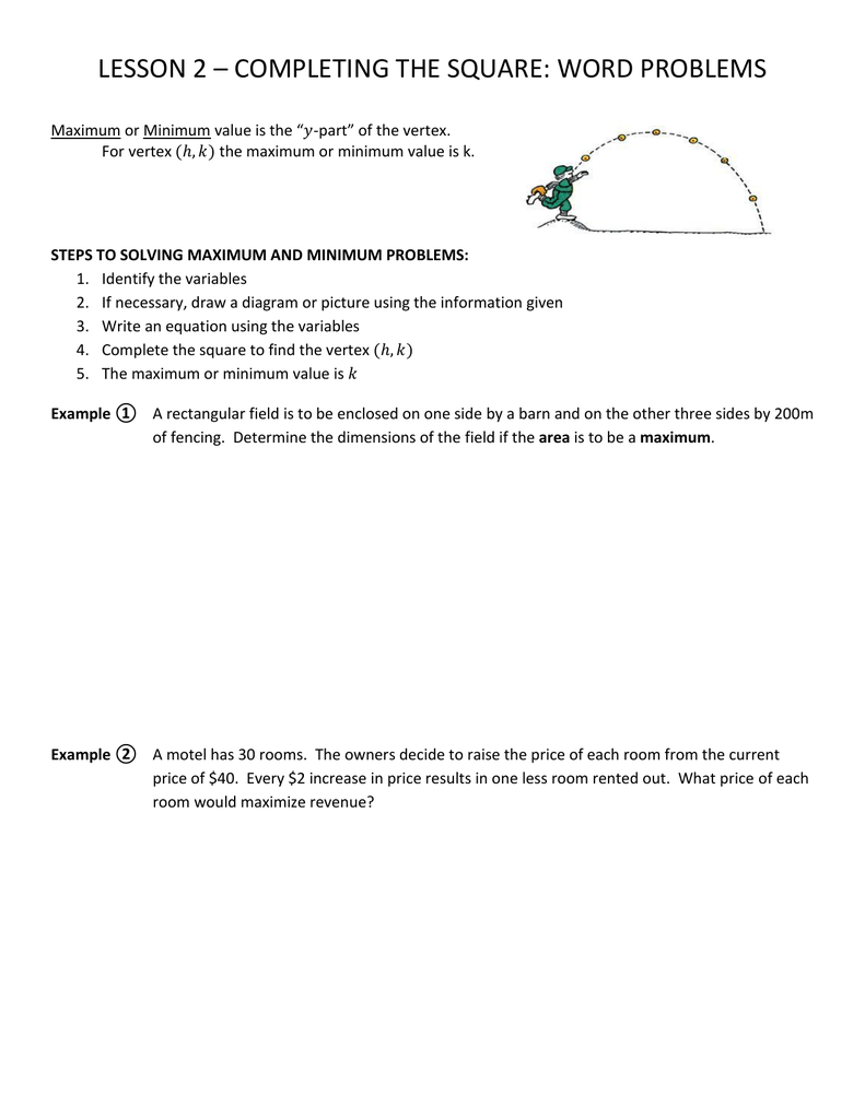 LESSON 2 COMPLETING THE SQUARE WORD PROBLEMS