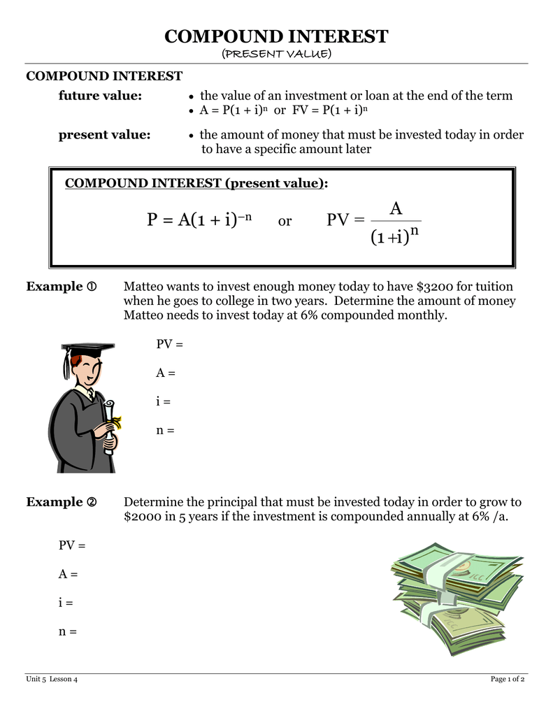 COMPOUND INTEREST A PV = For Simple And Compound Interest Worksheet